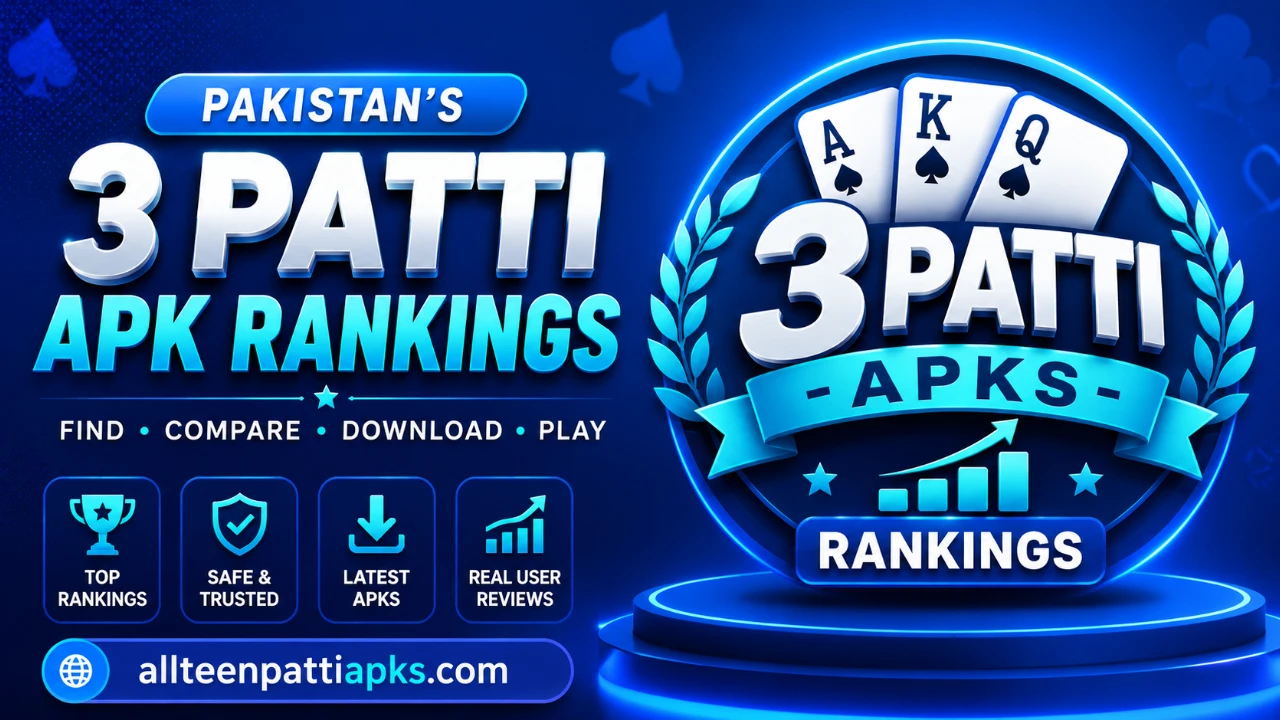 AllTeenPattiAPKs neon leaderboard banner highlighting ranked Teen Patti APK tiles, cyan edge glow, and bold download CTAs on a dark navy field